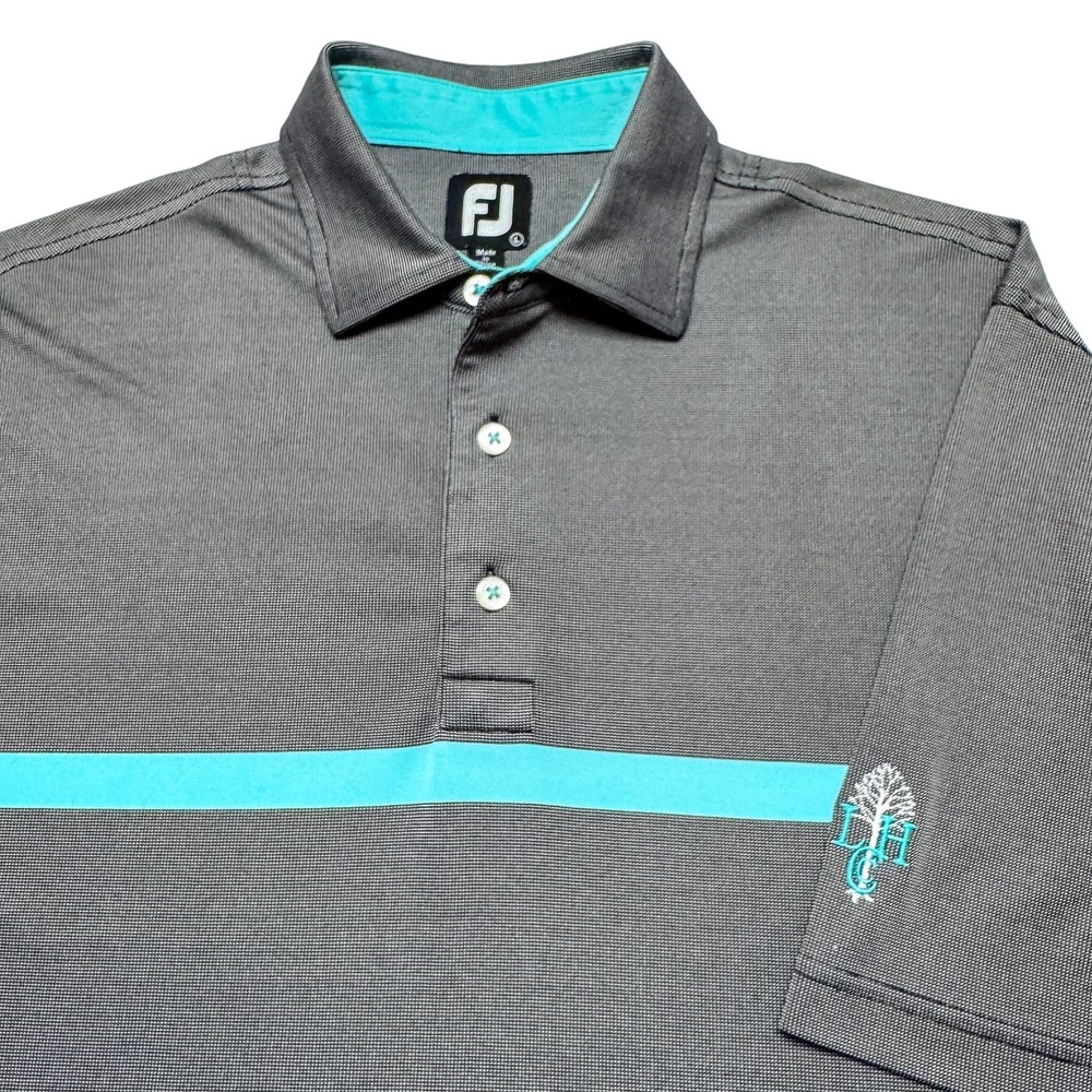 FootJoy Polo Shirt Mens‎ Large Gray Teal Stripe Golf Performance Embroidered